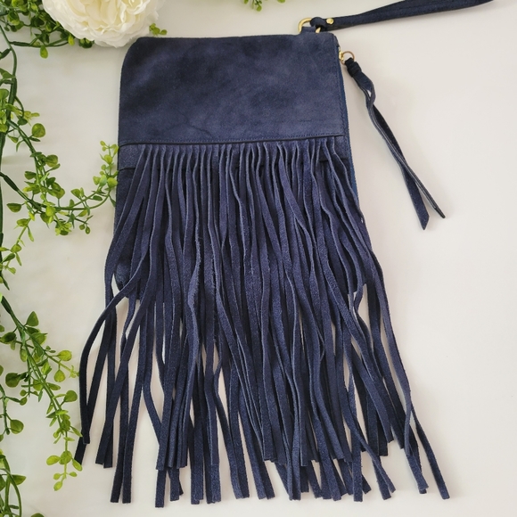 Banana Republic navy blue Italian suede leather fringe pouch - Picture 2 of 11